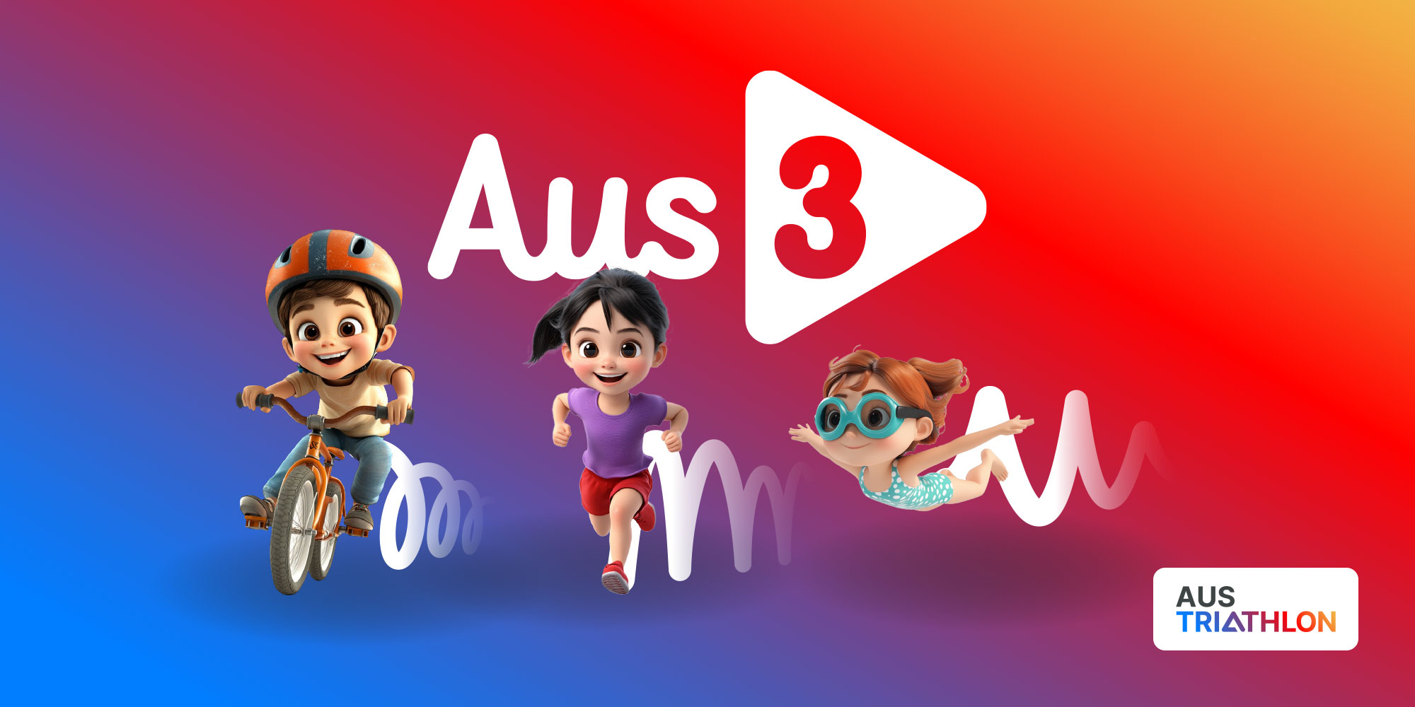 Aus3 Graphic showing kids cycling, running and swimming